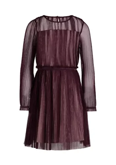 Girls 7-16 Long Sleeve Pleated Tulle Over Lurex Stripes Romance Dress