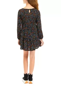 Girls 7-16 Long Raglan Sleeve Tiered Dress