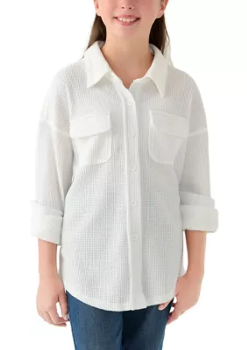 Girls 7-16 Waffle Button Up Top