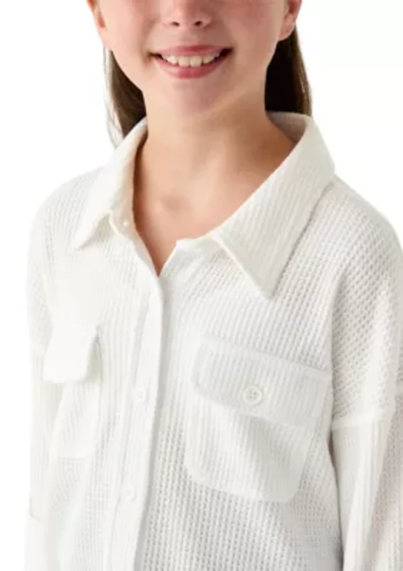 Girls 7-16 Waffle Button Up Top