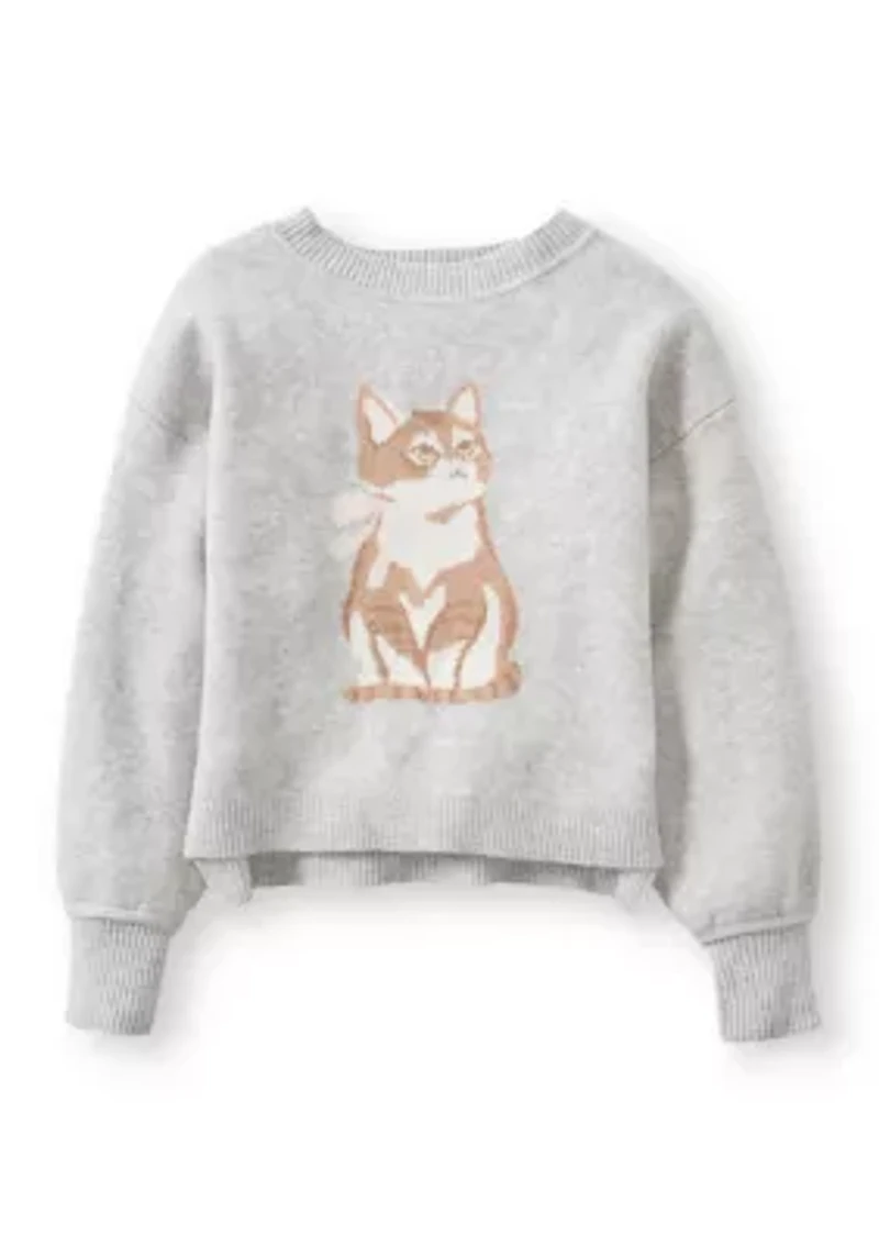 Girls 4-6 Long Sleeve Cat Intarsia Sweater