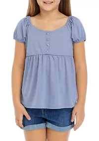Girls 7-16 Button Puff Sleeve Top