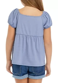 Girls 7-16 Button Puff Sleeve Top