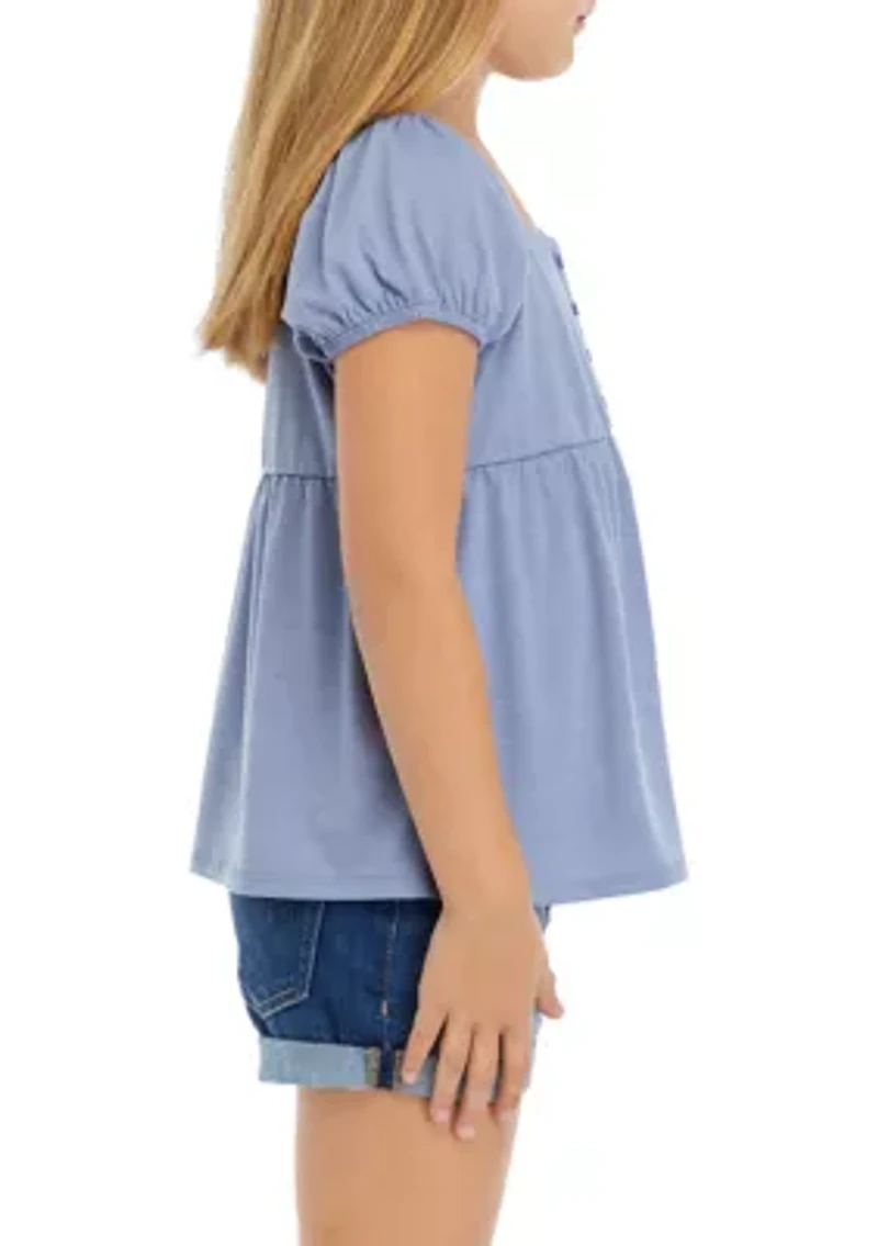Girls 7-16 Button Puff Sleeve Top