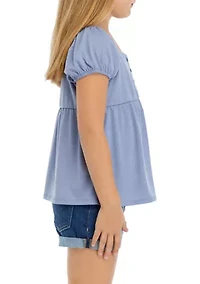 Girls 7-16 Button Puff Sleeve Top