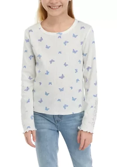 Girls 7-16 Long Sleeve Crew Neck Crochet Lace Top