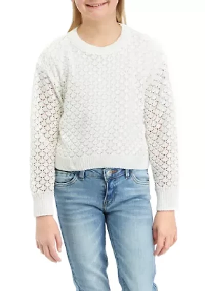 Girls 7-16 Long Sleeve Crew Neck Pointelle Pullover Sweater
