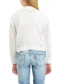 Girls 7-16 Long Sleeve Crew Neck Pointelle Pullover Sweater