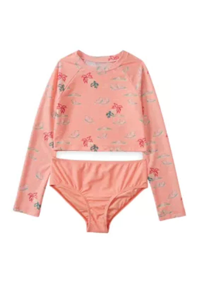 Girls 4-6x 2 Piece Beach Scene Rash Guard Swimsuit