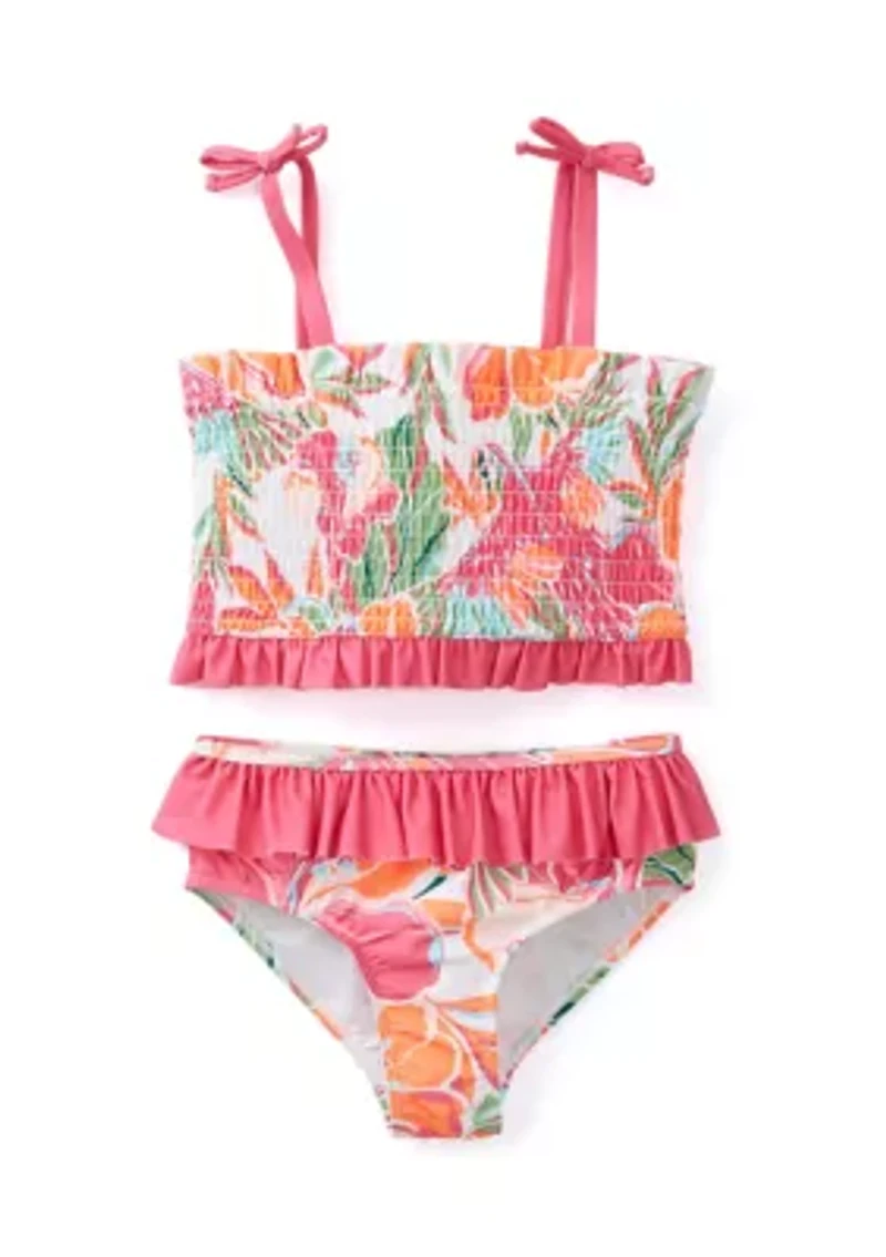 Girls 7-16 Printed Smocked 2-Piece Swimsuit
