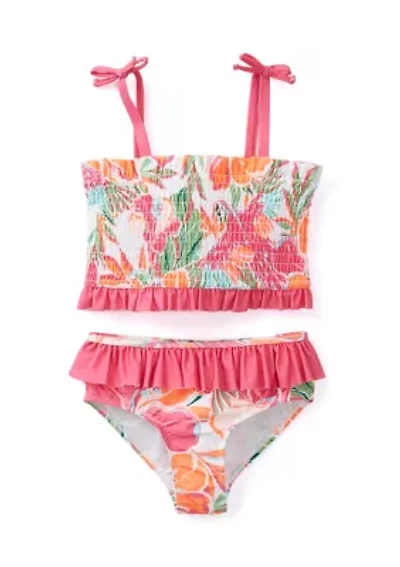 Girls 7-16 Printed Smocked 2-Piece Swimsuit