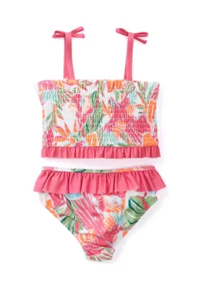 Girls 7-16 Printed Smocked 2-Piece Swimsuit