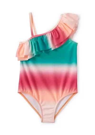 Girls 7-16 One Piece Ombré Ruffle Shoulder Swimsuit