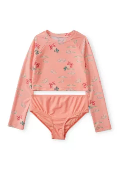 Girls 7-16 Two Piece Beach Scene Rash Guard Swim Set