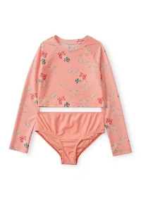 Girls 7-16 Two Piece Beach Scene Rash Guard Swim Set