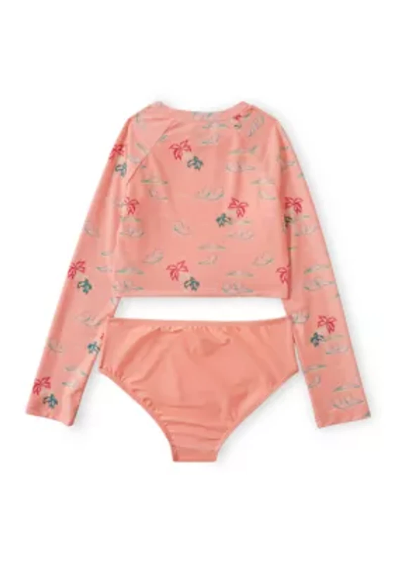 Girls 7-16 Two Piece Beach Scene Rash Guard Swim Set