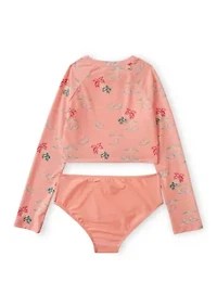 Girls 7-16 Two Piece Beach Scene Rash Guard Swim Set