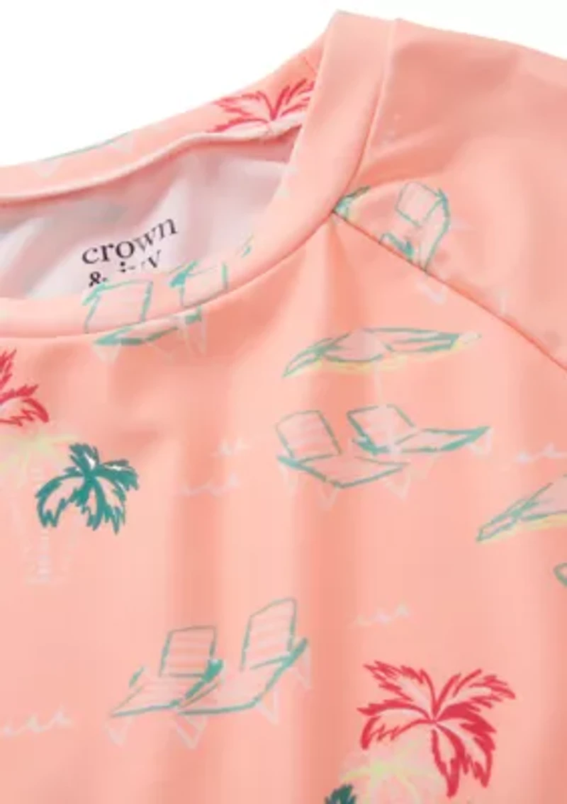 Girls 7-16 Two Piece Beach Scene Rash Guard Swim Set