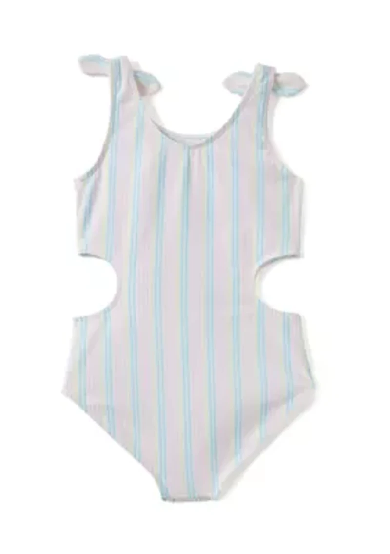 Girls 7-16 Striped Side Cut Bathing Suit