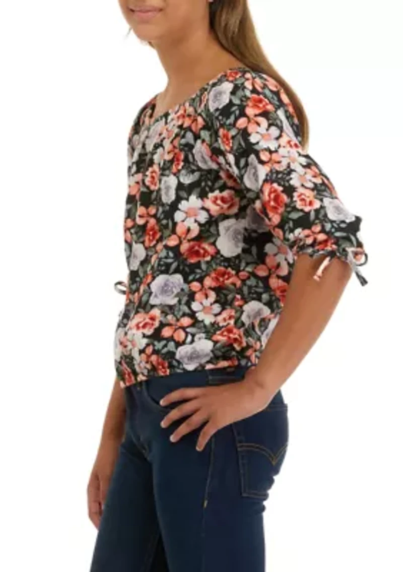 Girls 7-16 Tie Blouson Sleeve Floral Blouse