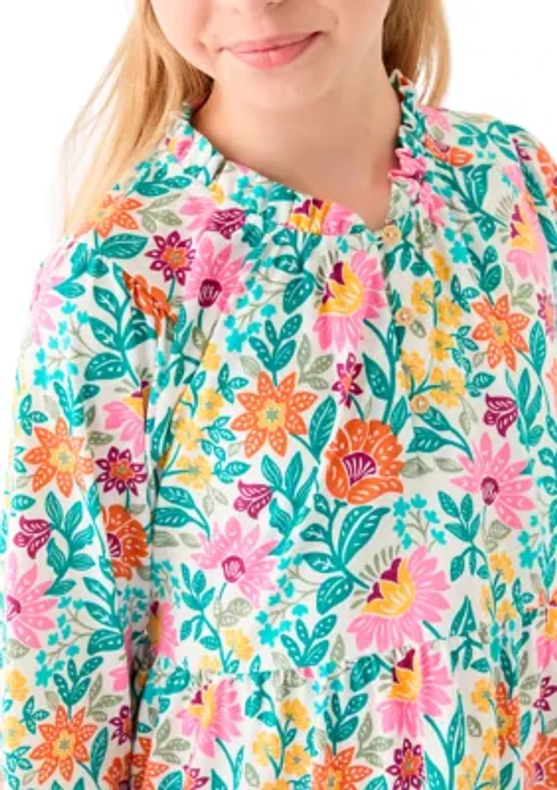 Girls 7-16 Long Sleeve Henley Knit Printed Dress