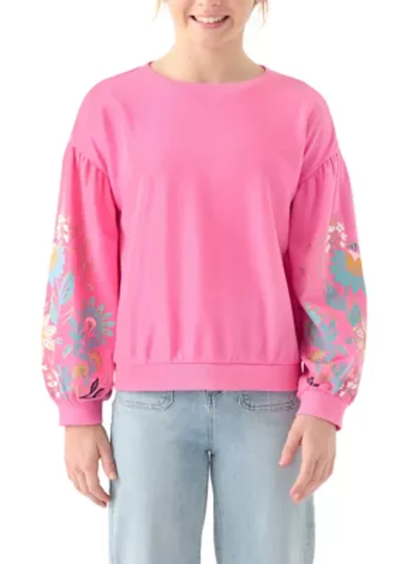 Girls 7-16 Flower Puff Sleeve Sweatshirt