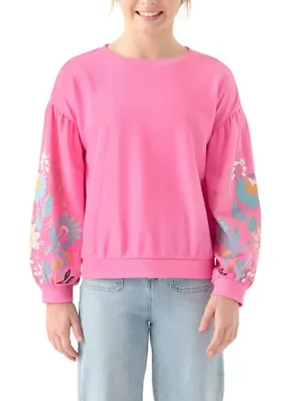 Girls 7-16 Flower Puff Sleeve Sweatshirt