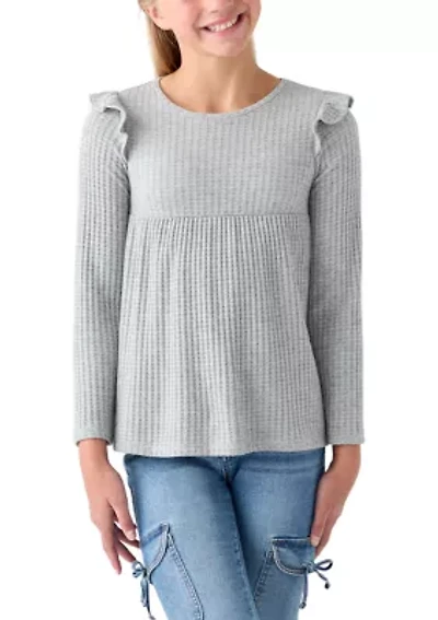 Girls 7-16 Long Sleeve Waffle T-Shirt with Ruffle Shoulders