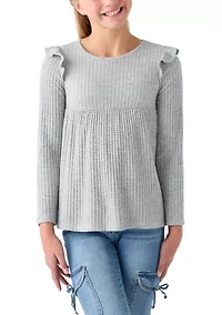 Girls 7-16 Long Sleeve Waffle T-Shirt with Ruffle Shoulders