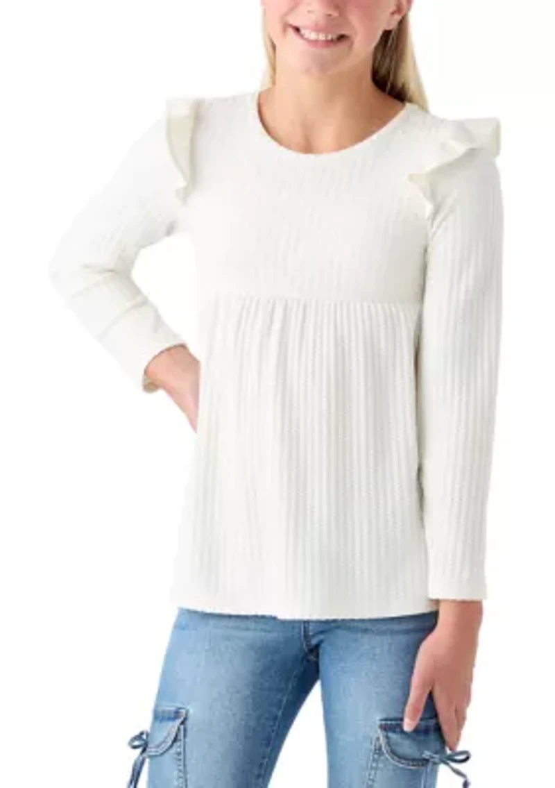 Girls 7-16 Long Sleeve Waffle T-Shirt with Ruffle Shoulders