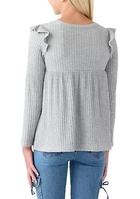 Girls 7-16 Long Sleeve Waffle T-Shirt with Ruffle Shoulders