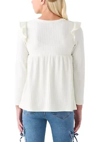 Girls 7-16 Long Sleeve Waffle T-Shirt with Ruffle Shoulders