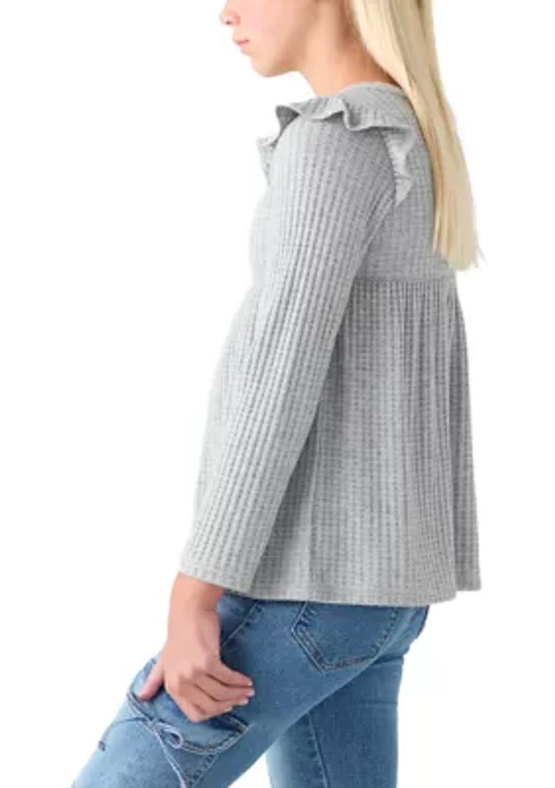 Girls 7-16 Long Sleeve Waffle T-Shirt with Ruffle Shoulders