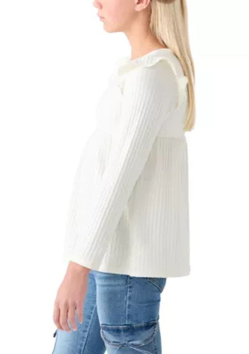 Girls 7-16 Long Sleeve Waffle T-Shirt with Ruffle Shoulders