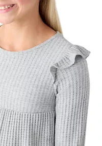 Girls 7-16 Long Sleeve Waffle T-Shirt with Ruffle Shoulders