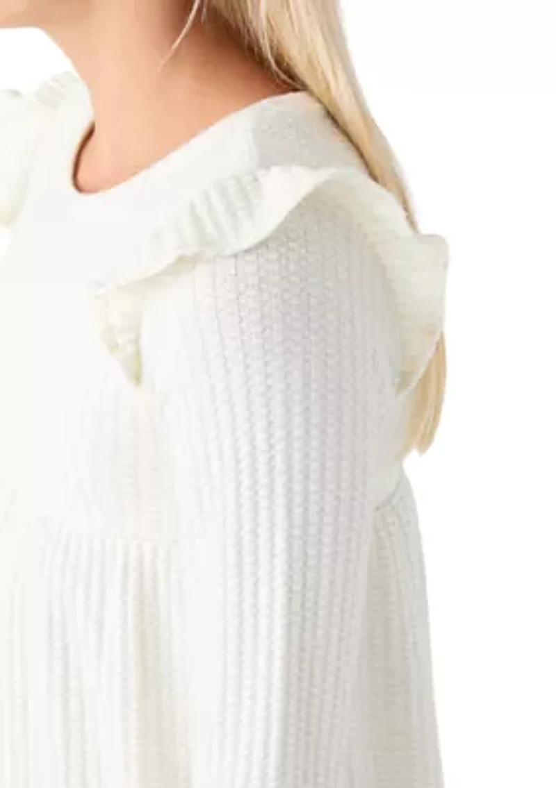 Girls 7-16 Long Sleeve Waffle T-Shirt with Ruffle Shoulders