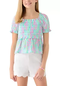 Girls 4-6x Puff Sleeve Smocked Printed Top