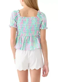 Girls 4-6x Puff Sleeve Smocked Printed Top