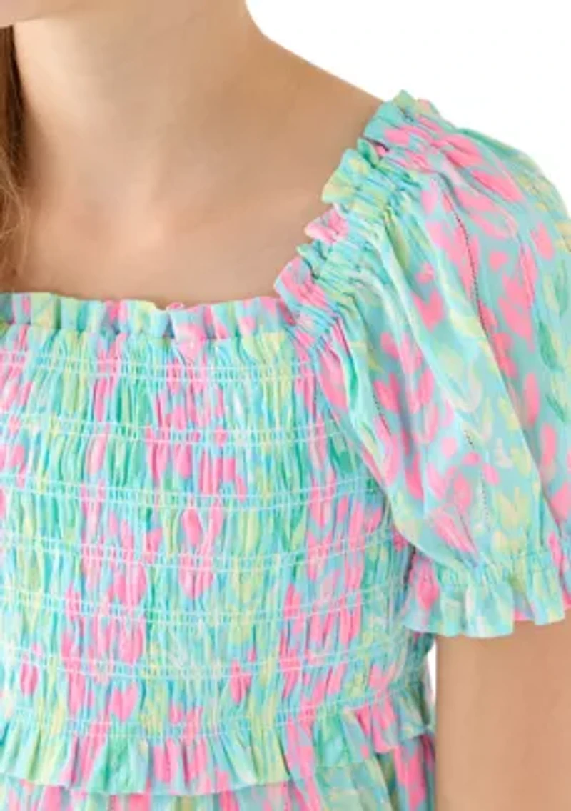 Girls 4-6x Puff Sleeve Smocked Printed Top