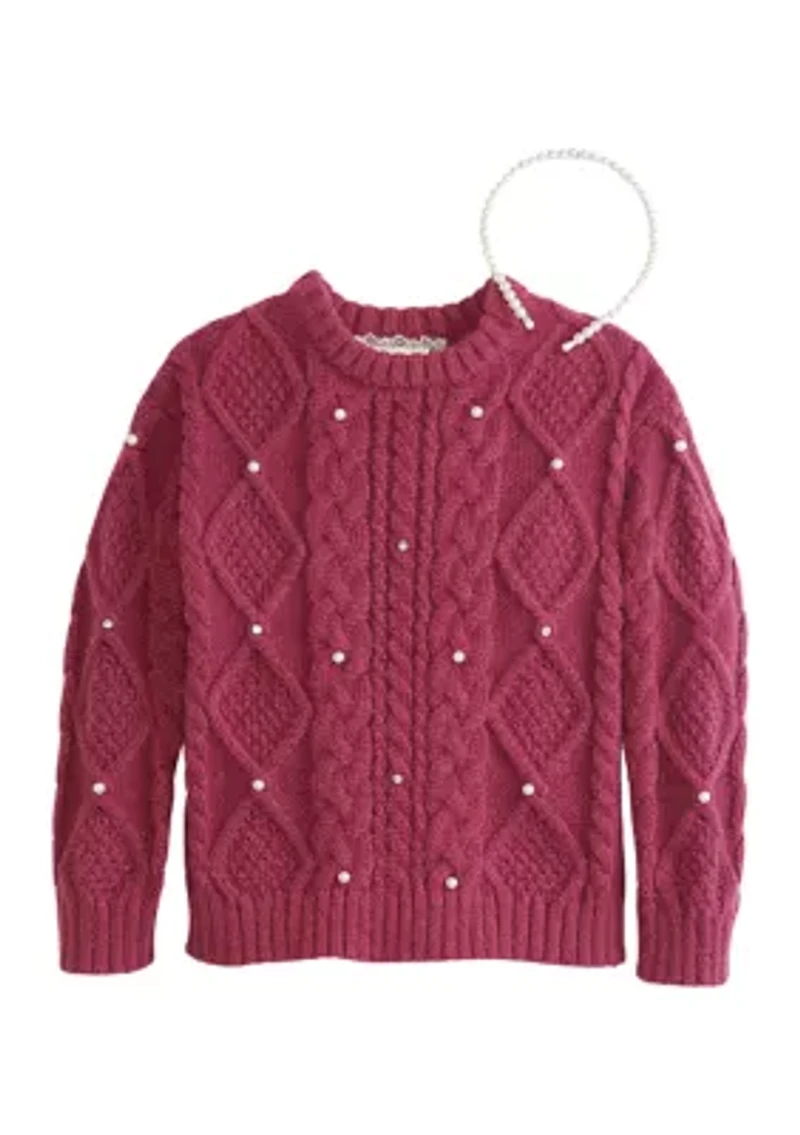 Girls 4-6x Cable Pearl Studded Sweater with Headband