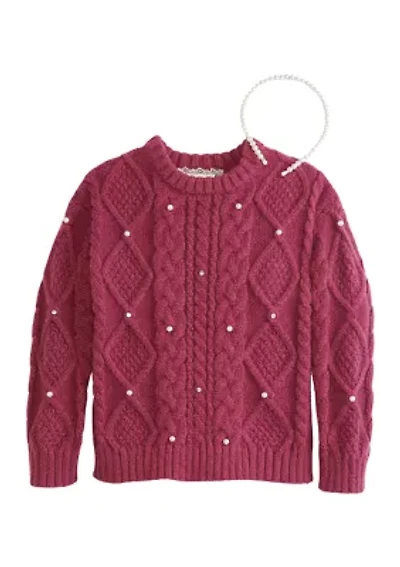 Girls 4-6x Cable Pearl Studded Sweater with Headband