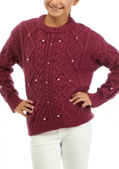 Girls 7-16 Pearl Studded Cable Knit Sweater