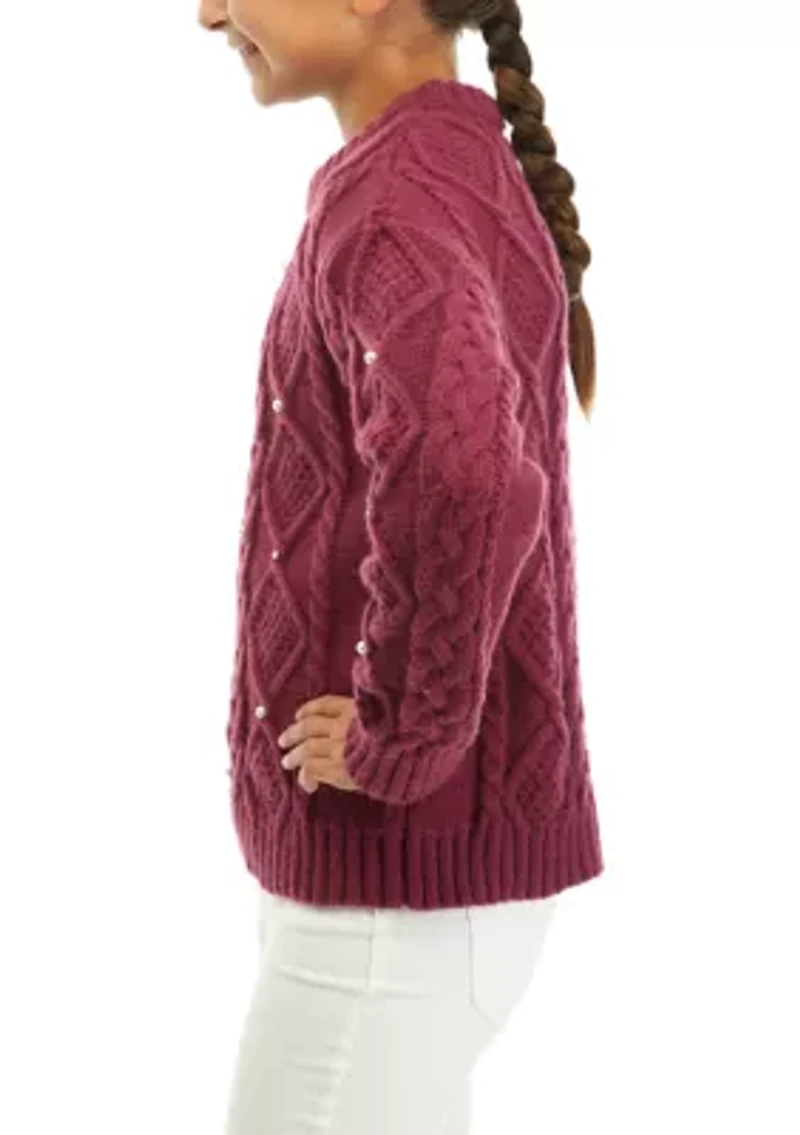 Girls 7-16 Pearl Studded Cable Knit Sweater