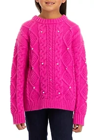 Girls 7-16 Pearl Embellished Cable Knit Sweater