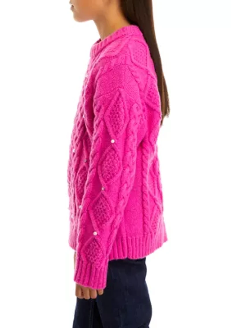 Girls 7-16 Pearl Embellished Cable Knit Sweater