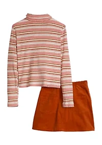 Girls 7-16 Long Sleeve Striped Ribbed Polo Shirt and Skirt Set