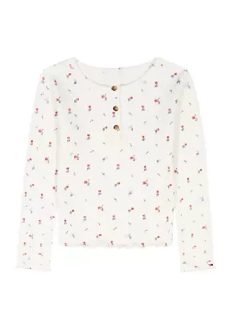Girls 7-16 Flower Pointelle Henley Shirt