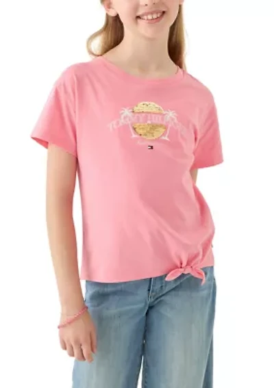 Girls 7-16 Palm Sequin Side Tie Short Sleeve T-Shirt