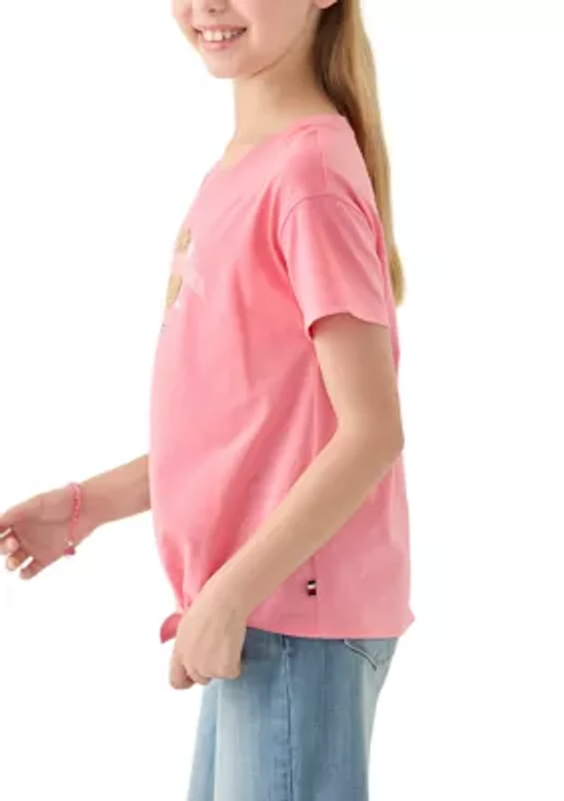 Girls 7-16 Palm Sequin Side Tie Short Sleeve T-Shirt