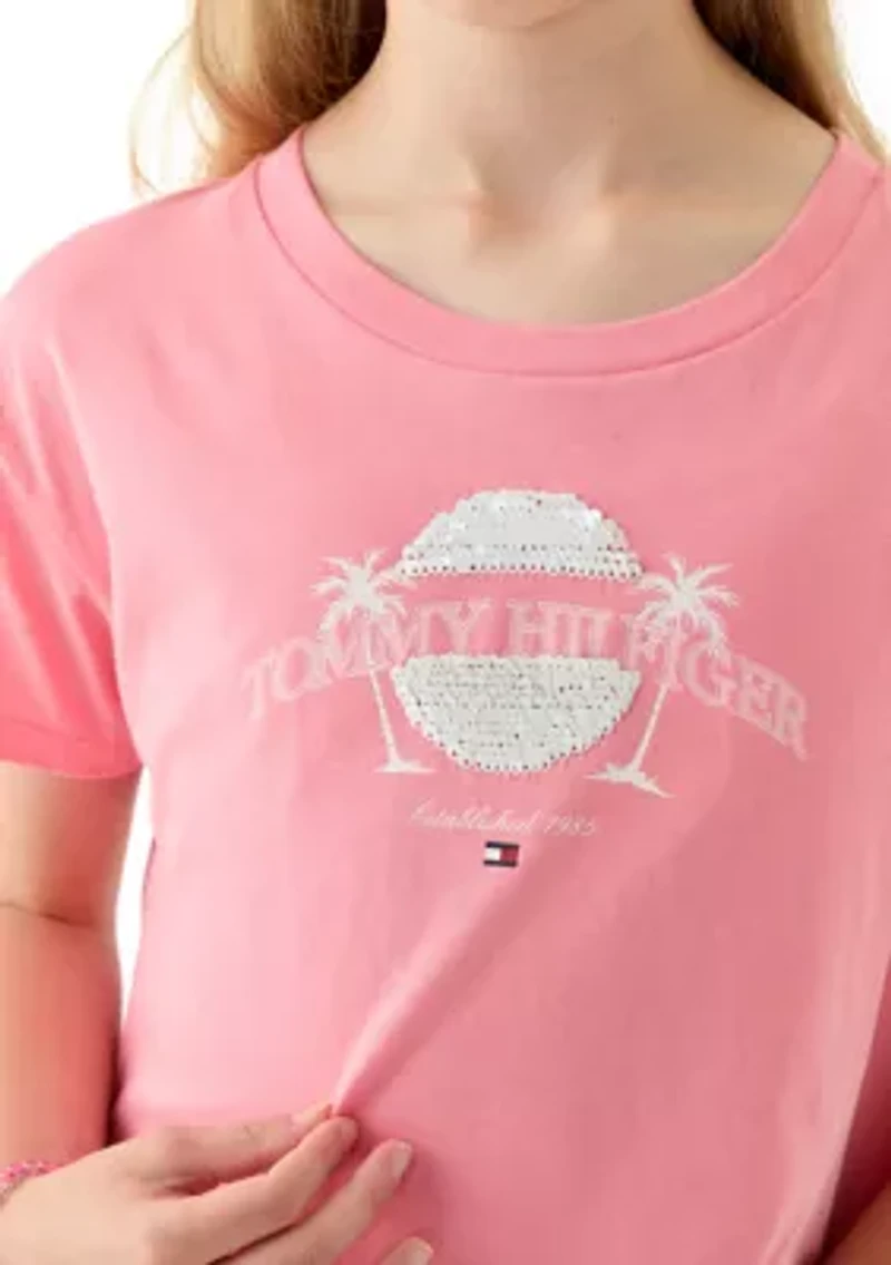 Girls 7-16 Palm Sequin Side Tie Short Sleeve T-Shirt